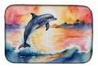 Dolphin Leaping at Sunrise Dish Drying Mat Absorbent Dish Drying Mat Pad for Kitchen Counter Dish Drainer Mat for Countertop, 14 x 21", Multicolor