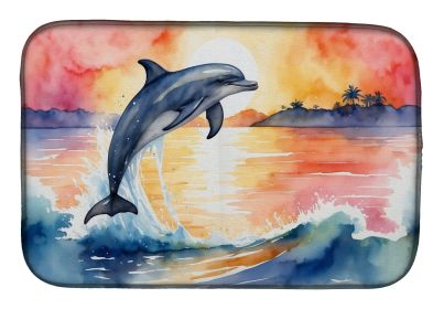 Dolphin Leaping at Sunrise Dish Drying Mat Absorbent Dish Drying Mat Pad for Kitchen Counter Dish Drainer Mat for Countertop, 14 x 21", Multicolor