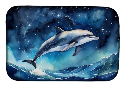 Dolphin in a Starry Sea Dish Drying Mat Absorbent Dish Drying Mat Pad for Kitchen Counter Dish Drainer Mat for Countertop, 14 x 21", Multicolor