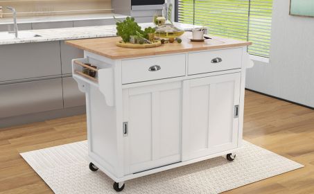 Kitchen Cart with Rubber wood Drop-Leaf Countertop, Concealed sliding barn door adjustable height