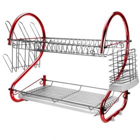 MegaChef 16 Inch Two Shelf Iron Wire Dish Rack (Color: Red)