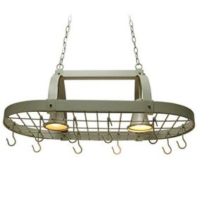 Rustic 2 Light 10 Hook Ceiling Mounted Hanging Pot Rack (Color: Slate Gray)