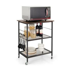 3-Tier Kitchen Serving Cart Utility Standing Microwave Rack with Hooks (Color: Brown)