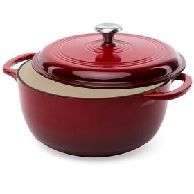6-Quart Large Enamel Cast-Iron Dutch Oven Kitchen Cookware (Color: Red)