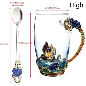 1pc Rose Enamel Crystal Tea Cup; Coffee Mug; Tumbler Butterfly Rose Painted Flower Water Cups; Clear Glass With Spoon Set (Color: Blue, Size: High)