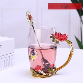 1pc Rose Enamel Crystal Tea Cup; Coffee Mug; Tumbler Butterfly Rose Painted Flower Water Cups; Clear Glass With Spoon Set (Color: Red, Size: High)