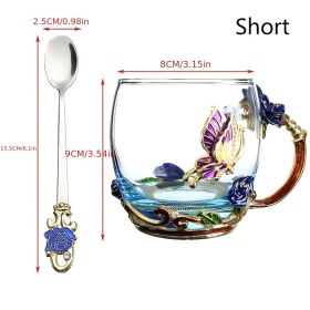 1pc Rose Enamel Crystal Tea Cup; Coffee Mug; Tumbler Butterfly Rose Painted Flower Water Cups; Clear Glass With Spoon Set (Color: Blue, Size: Short)