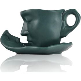 Tea Cup and Saucer Set Ceramic Kissing Couple Coffee Mug Set (Color: Green)