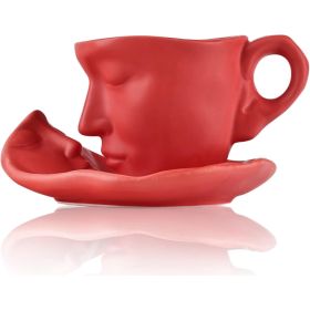 Tea Cup and Saucer Set Ceramic Kissing Couple Coffee Mug Set (Color: Red)